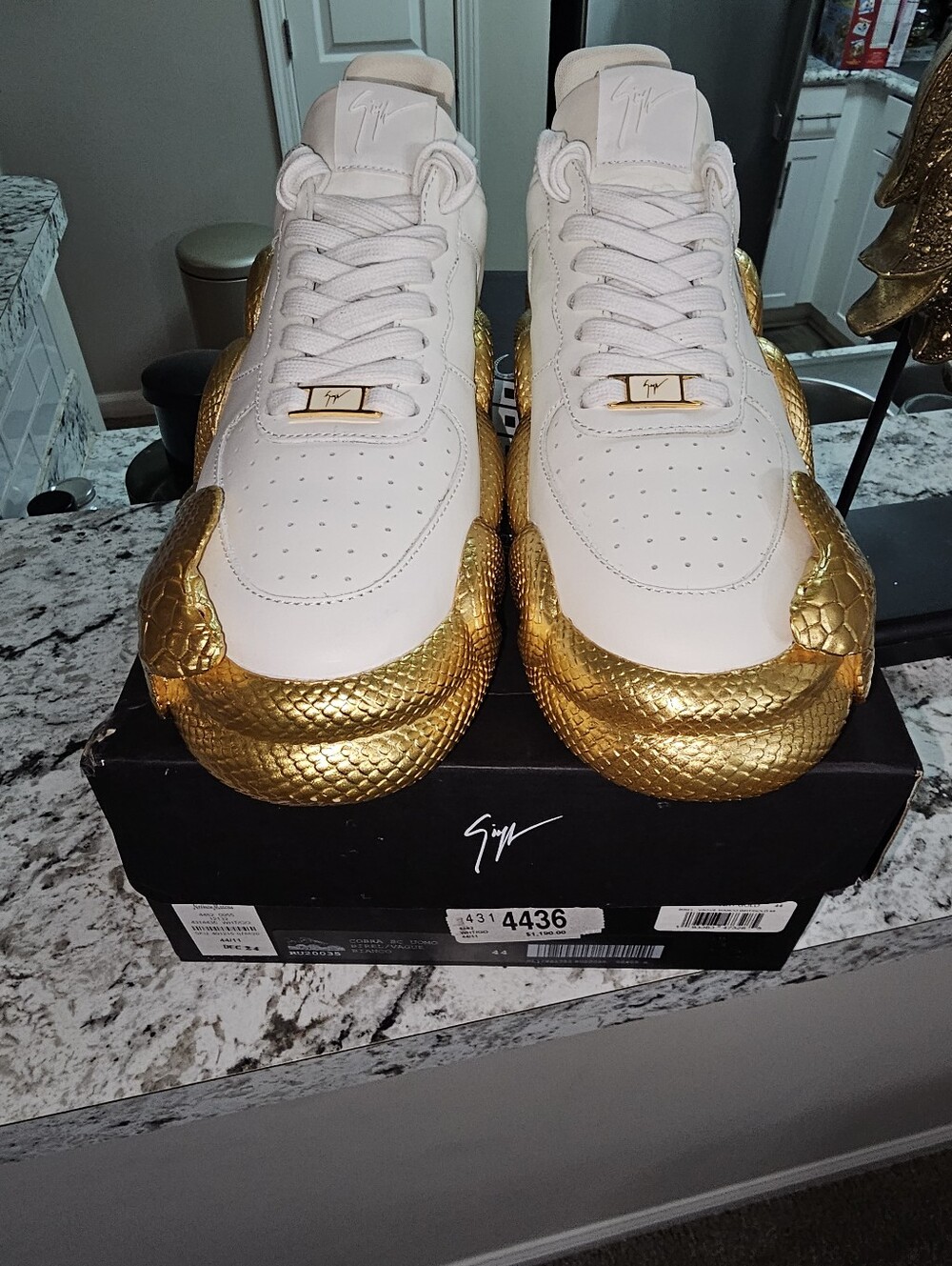 Giuseppe Zanotti White & Gold Snake-Textured Low-Top Sneakers